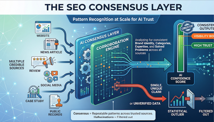 SEO consensus layer diagram showing distributed authority across owned, earned, and community channels